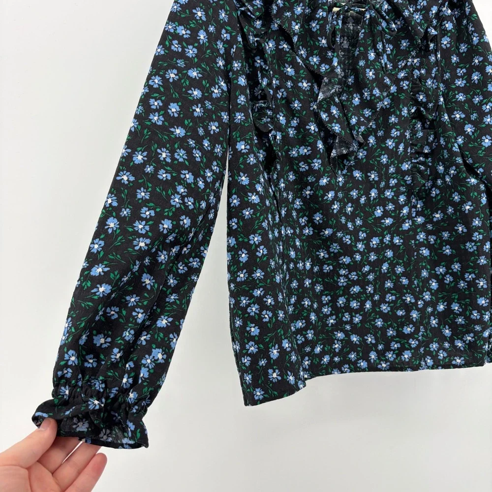 Loft Blouse Black Blue Floral Women M Petite Ruffle V-Neck Long Sleeve Tie Front